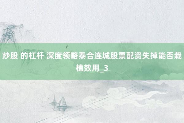 炒股 的杠杆 深度领略泰合连城股票配资失掉能否栽植效用_3